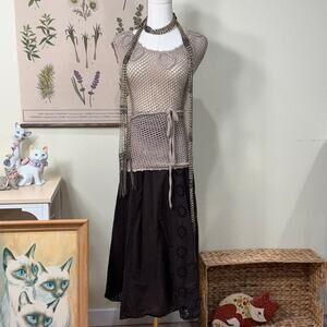 Vintage 90s Y2k Open Knit Belted Tunic Sweater Fairy Grunge Mori Kei Forest M